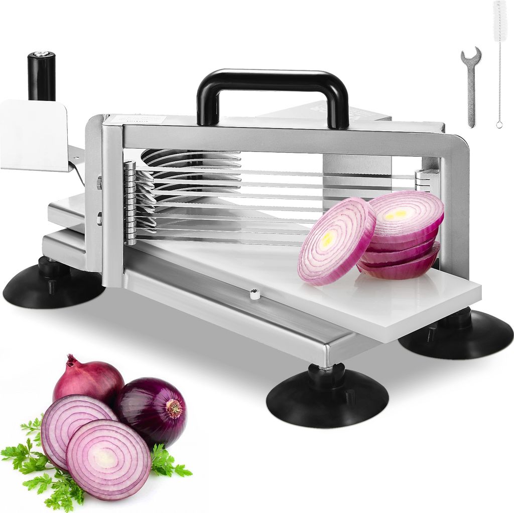 A commercial tomato and onion slicer with red onions and parsley in the foreground.
