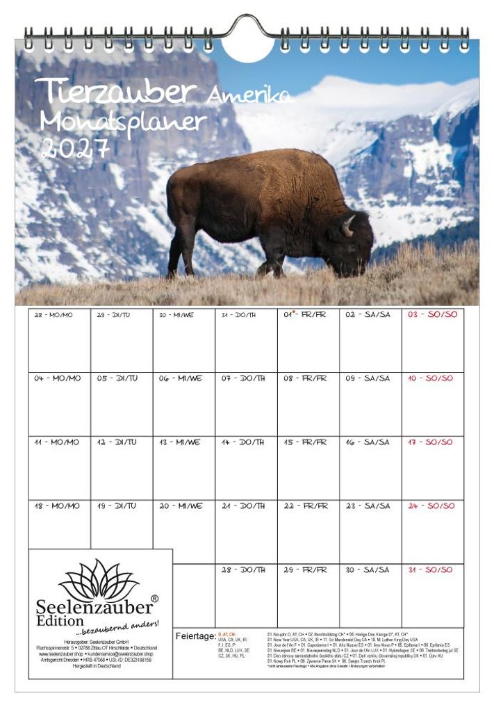 Tierzauber Amerika Planer DIN A4 Kalender für 2027 Tiere Wald Natur Baum - Geschenkset Inhalt: 1x Kalender, 1x Weihnachtsanhänger (insgesamt 2 Te...