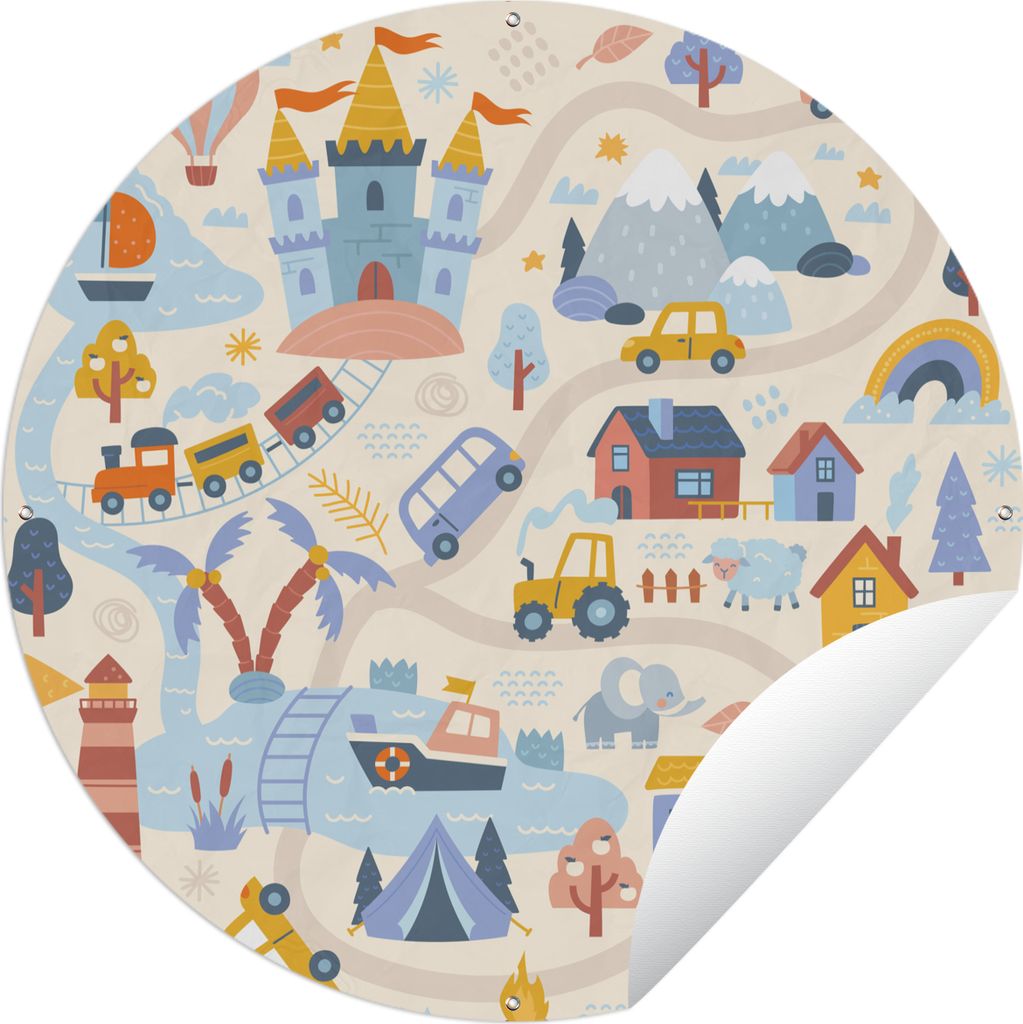 MuchoWow Gartenposter Outdoor-Poster Rund Kinder - Auto - Schloss - Straßen Ø 90 cm Gartendeko Rundes Poster draußen