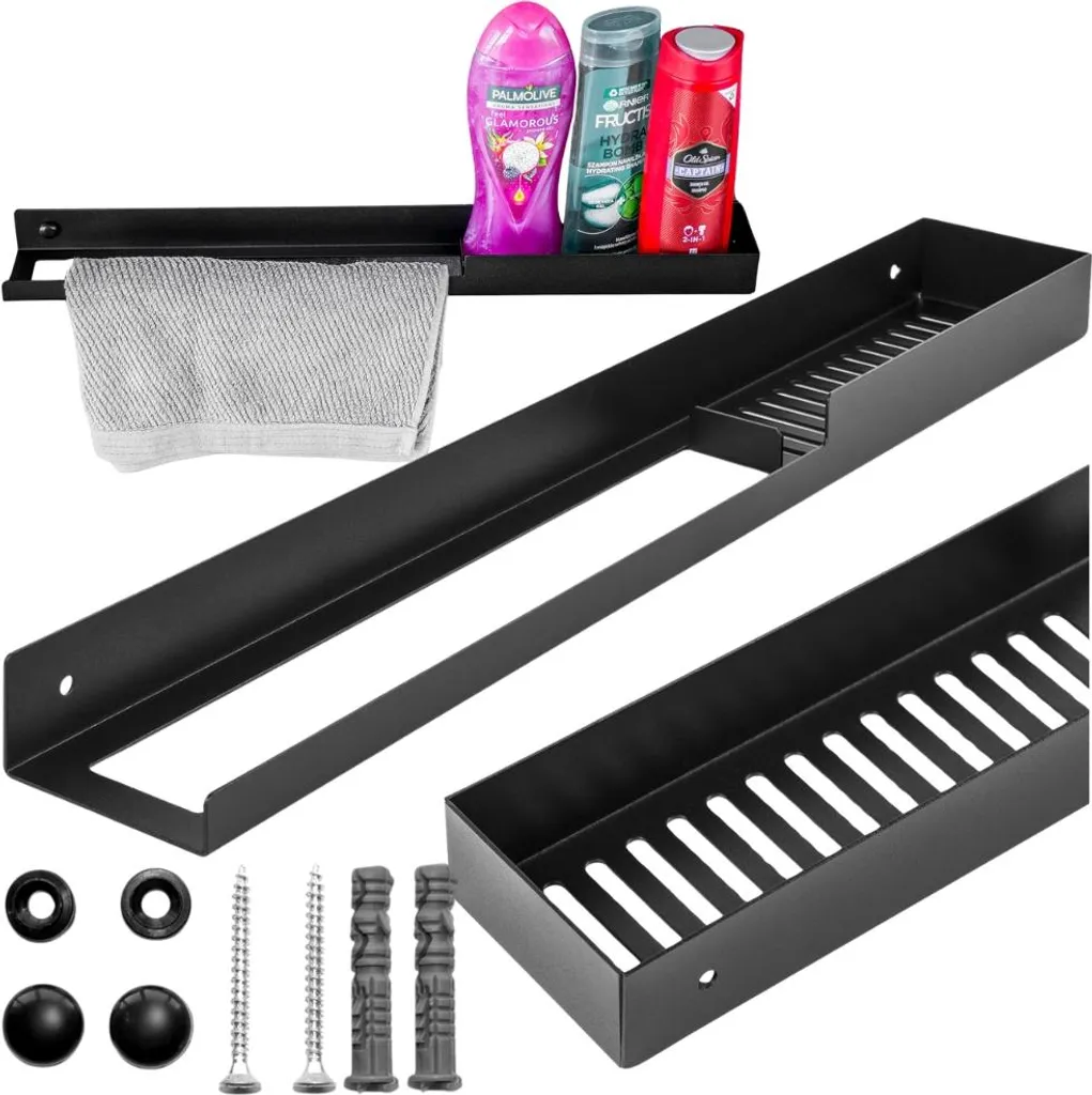 Rangement de douche noir pour organiser serviettes et maquillage