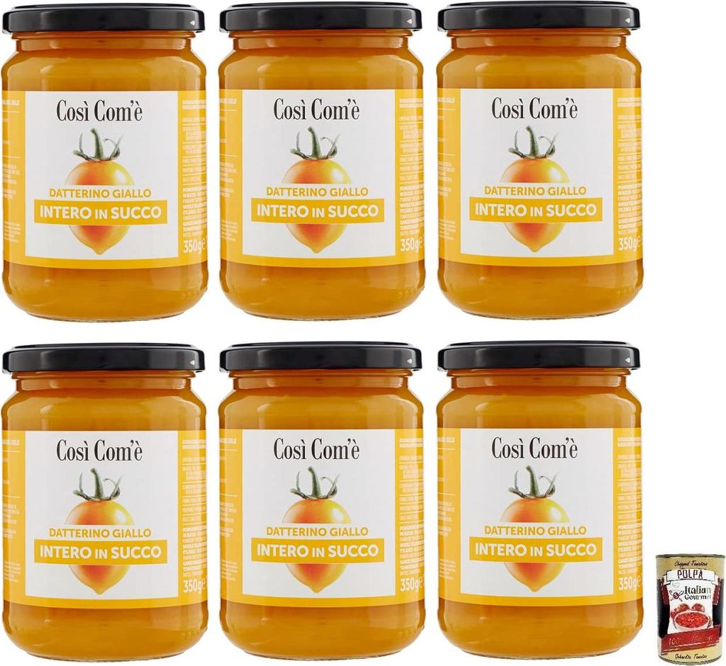 6x Così Com'è Datterino Giallo Intero in Succo,Ganze Gelbe Datterino-Tomate im Saft,Italienische Tomaten,350g Glas + Italian Gourmet Polpa di Pom...