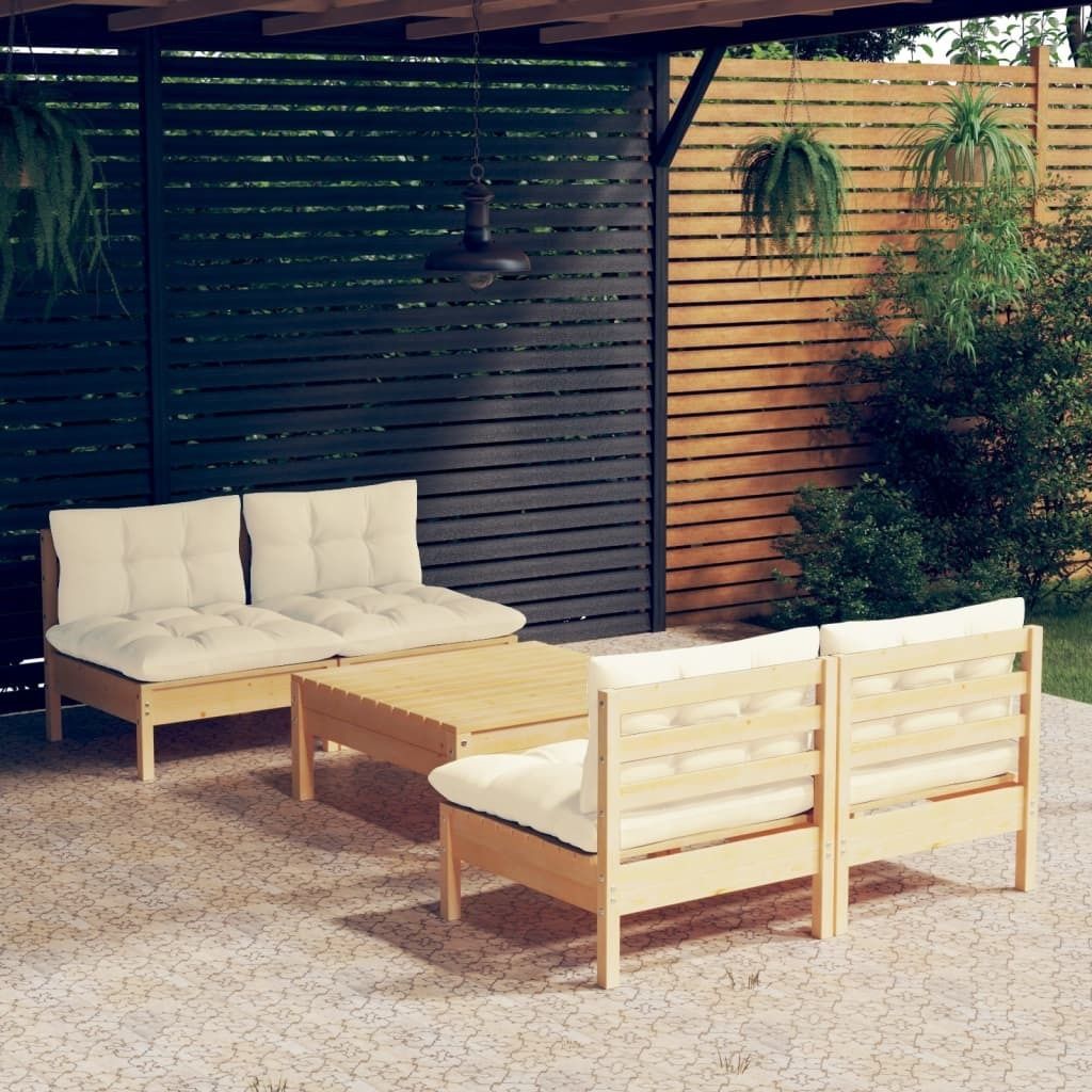 Möbel 5-tlg. Garten-Lounge-Set mit Creme Kissen Kiefernholz - Terrassenmöbel 3096004