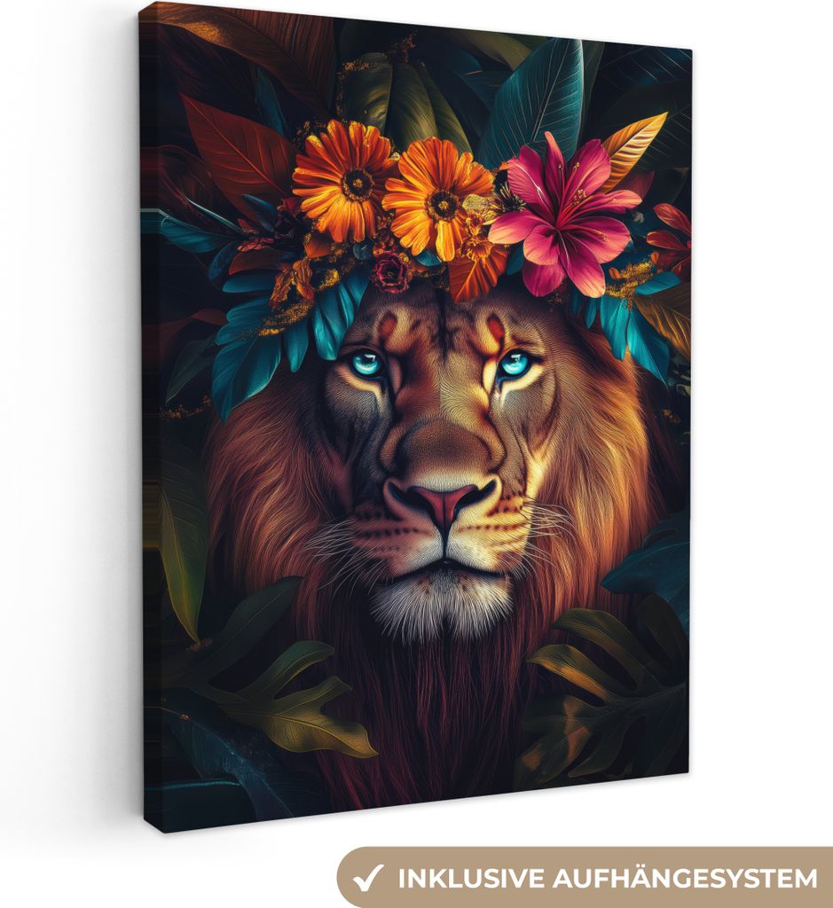 Leinwandbilder 30x40 cm - Tiere, Blumen - Löwe - Blätter, Bilder Wohnzimmer Modern, Wanddeko
