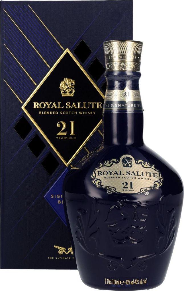 A bottle of Royal Salute 21 Year Old Blended Scotch Whisky and its gift box.