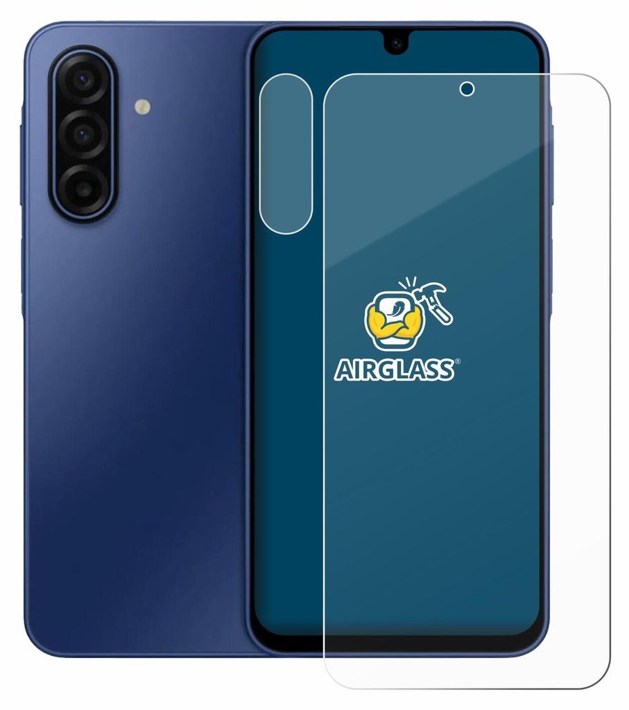 A blue smartphone is shown next to a clear screen protector.