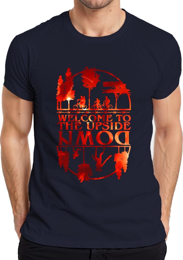 Welcome To The Upside Down Sci Fi 80er Retro Horror Stranger Herren T-Shirt, Navy, M