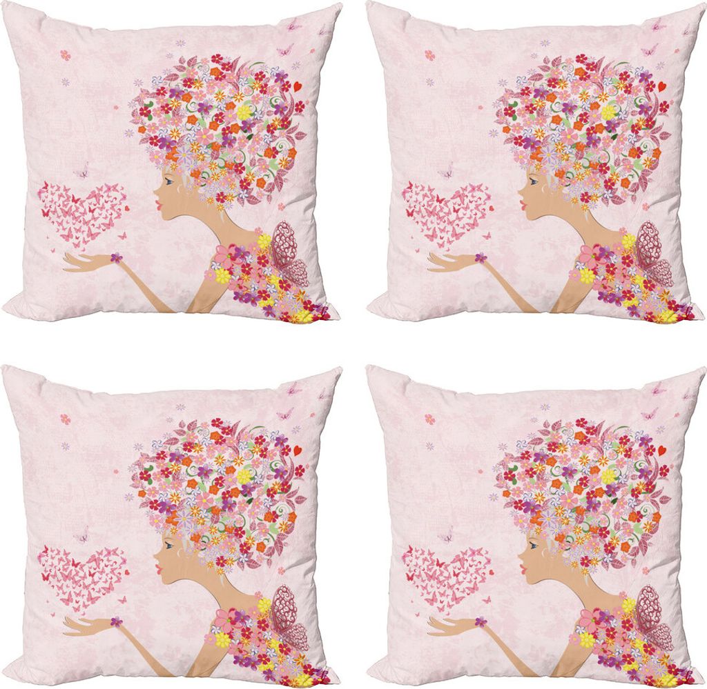ABAKUHAUS Rosa Kissenbezug Set (4 Stück), Blumen Mädchen Schmetterlinge, Moderner Doppelseitiger Digitaldruck, 45 cm x 45 cm, Mehrfarbig