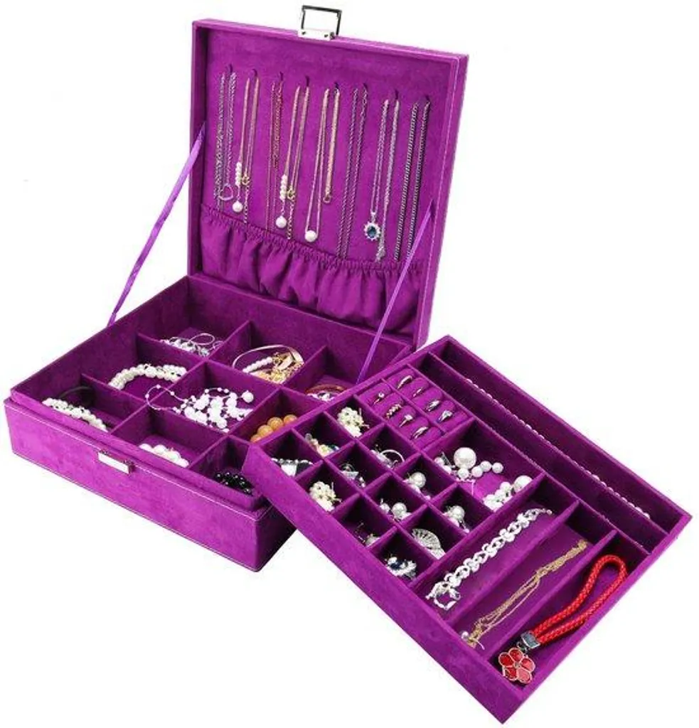Boîte à bijoux violette à 2 étages avec 8 porte-colliers pratique