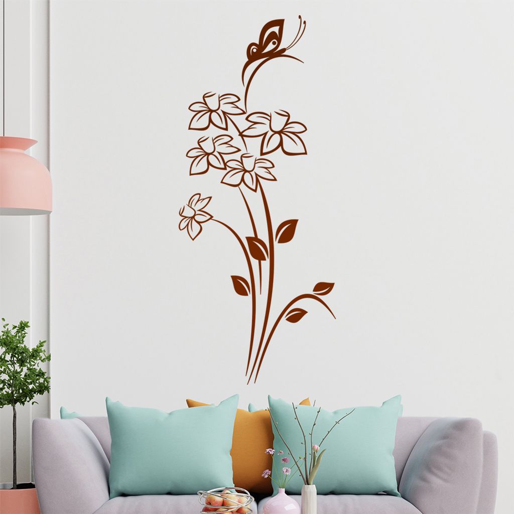 Schmetterling auf Blüten Wandtattoo in 6 Größen - Wandaufkleber Wall Sticker - Dekoration, Küche, Wohnzimmer, Schlafzimmer, Badezimmer