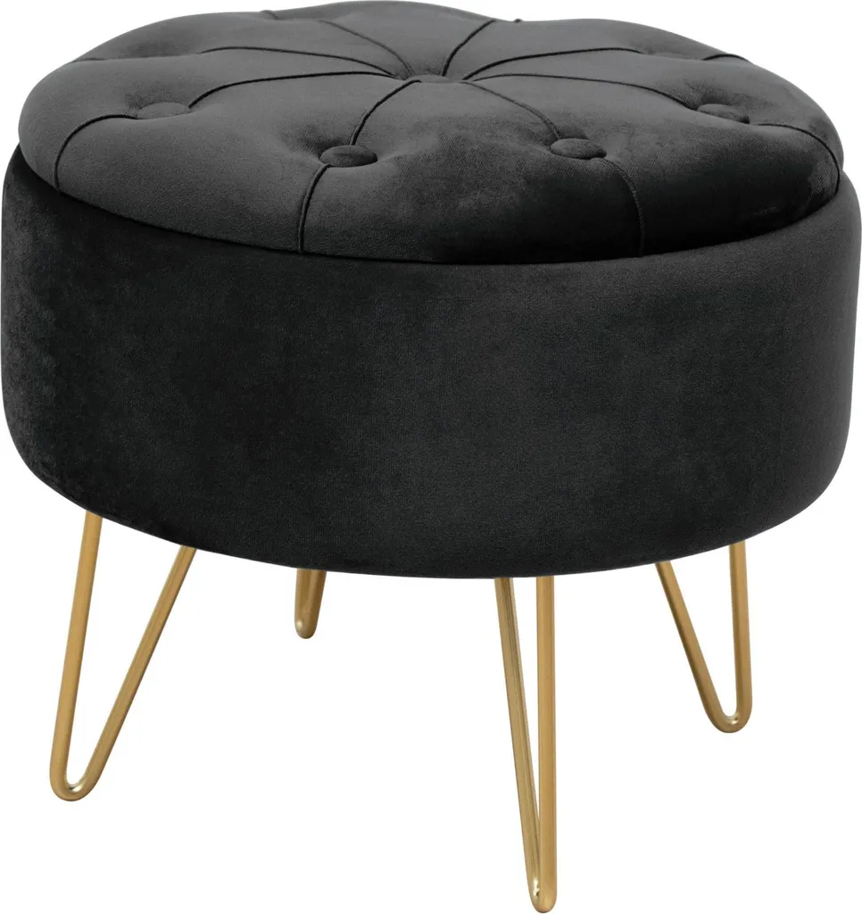 Pouf coffre de rangement rond en velours noir et métal doré Caro 45cm