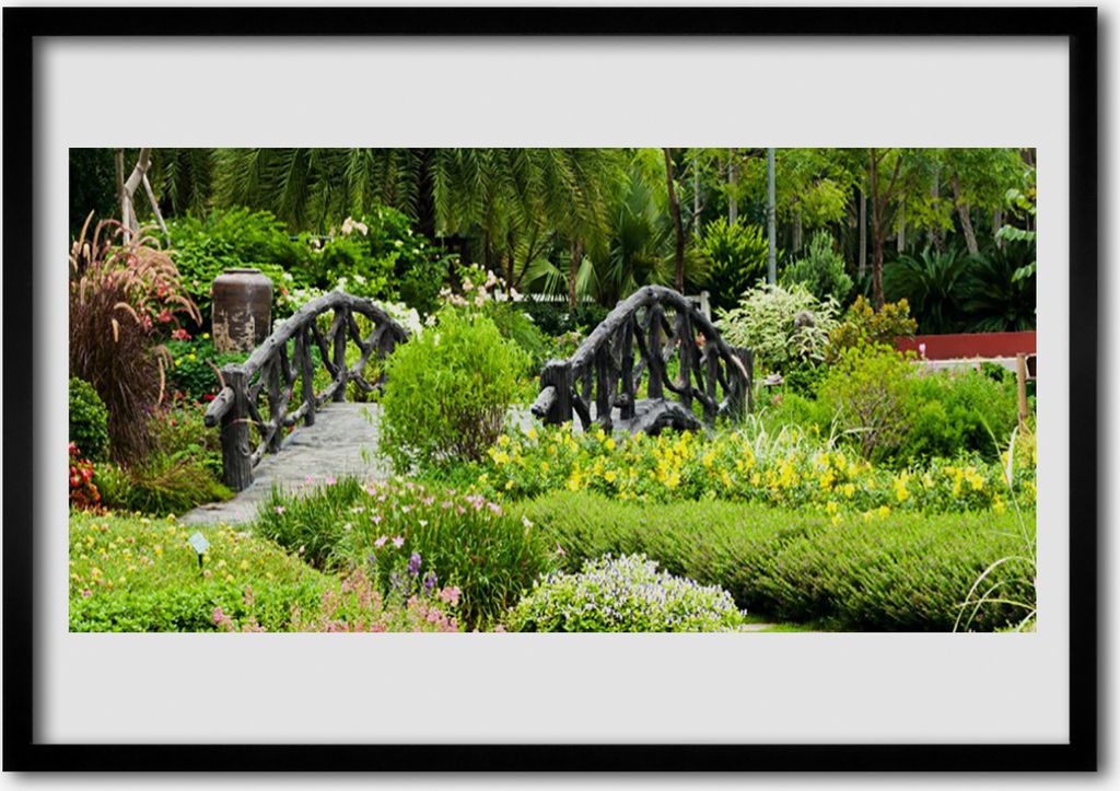 Bild 100x70 MDF-Rahmen Wandkunst Natur Botanische Garten-Brücke