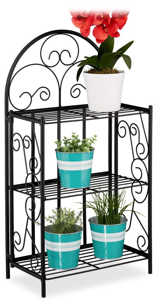 Zusammenklappbares Blumenregal, 3-stöckig, für Balkon, Garten und Innenbereich, Metall, Pflanzenständer H x B x T 83 x 44,5 x 25 cm, schwarz