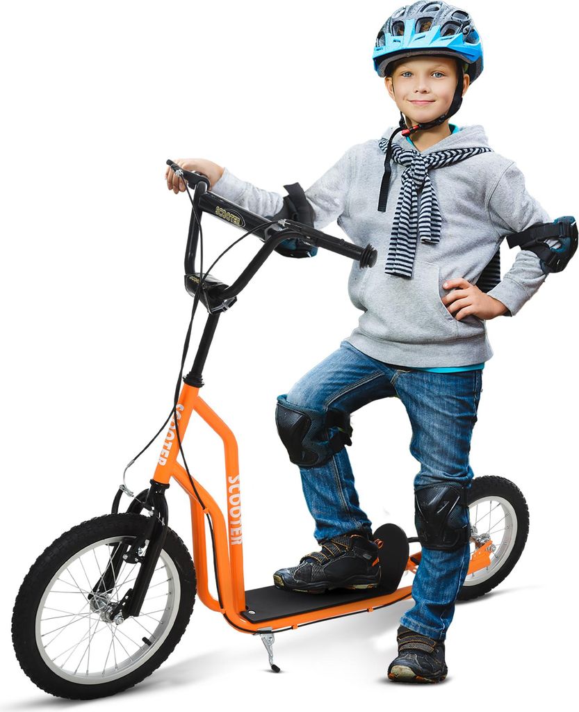 Kinderroller ab 5 Jahren – Scooter, Tretroller, Cityroller, Kickboard mit Luftreifen 16/12 Zoll, Orange, 135 × 58 × 88–94 cm