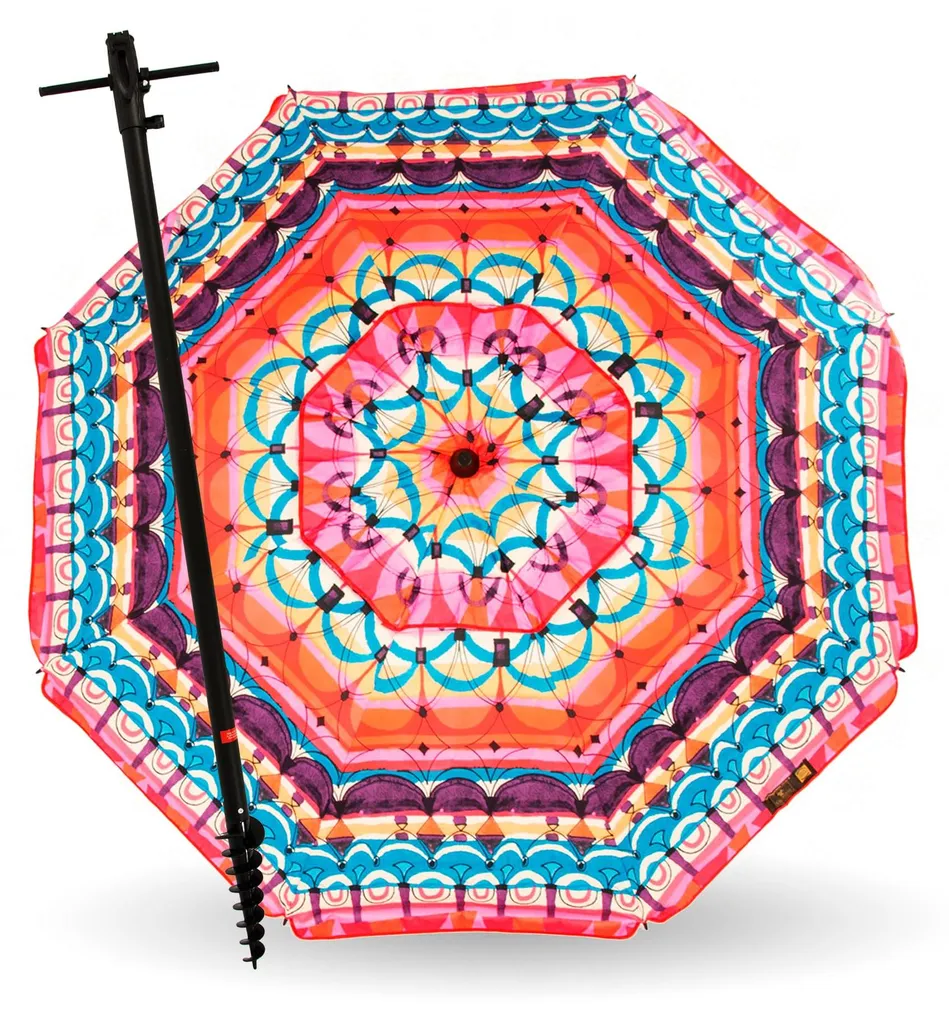 Parasol ethnique 200 cm anti-UV avec mât spirale spécial sable stable