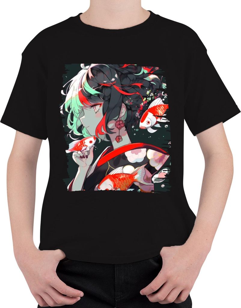 Anime Mädchen im Kimono Koi Karpfen Japanische Kunst Illustration Uni Kinder T-Shirt, Schwarz, 140