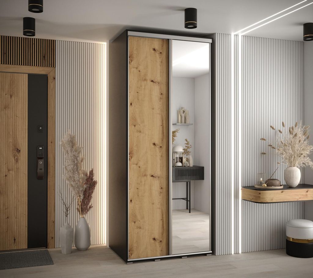 Kleiderschrank ASIRI 3 - 120/60 cm, Schwarz / Artisan-Eiche / Silber