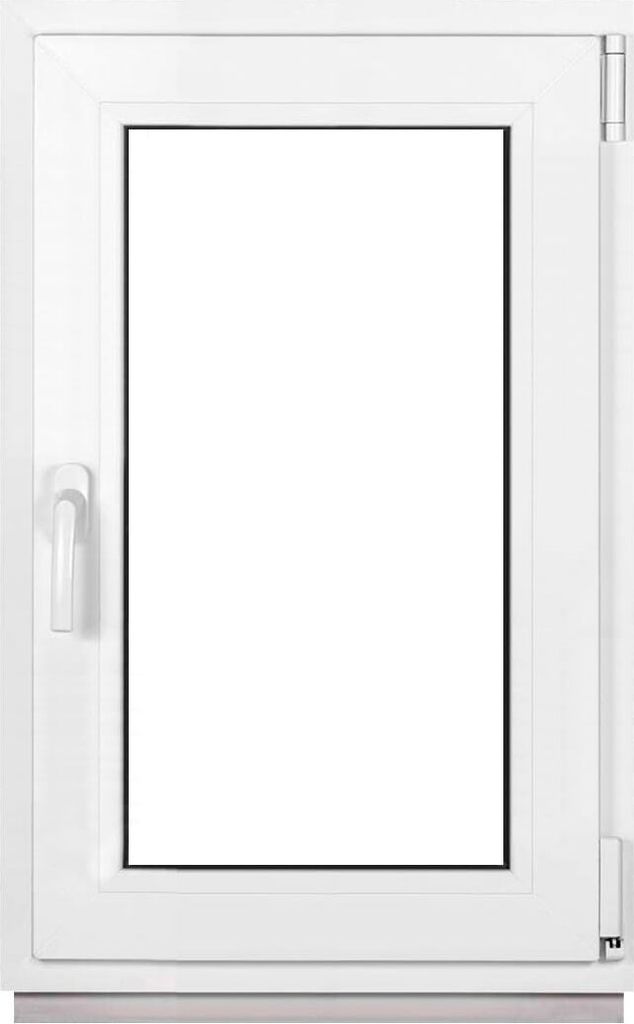 A white window frame with a clear glass pane, shown against a white background.