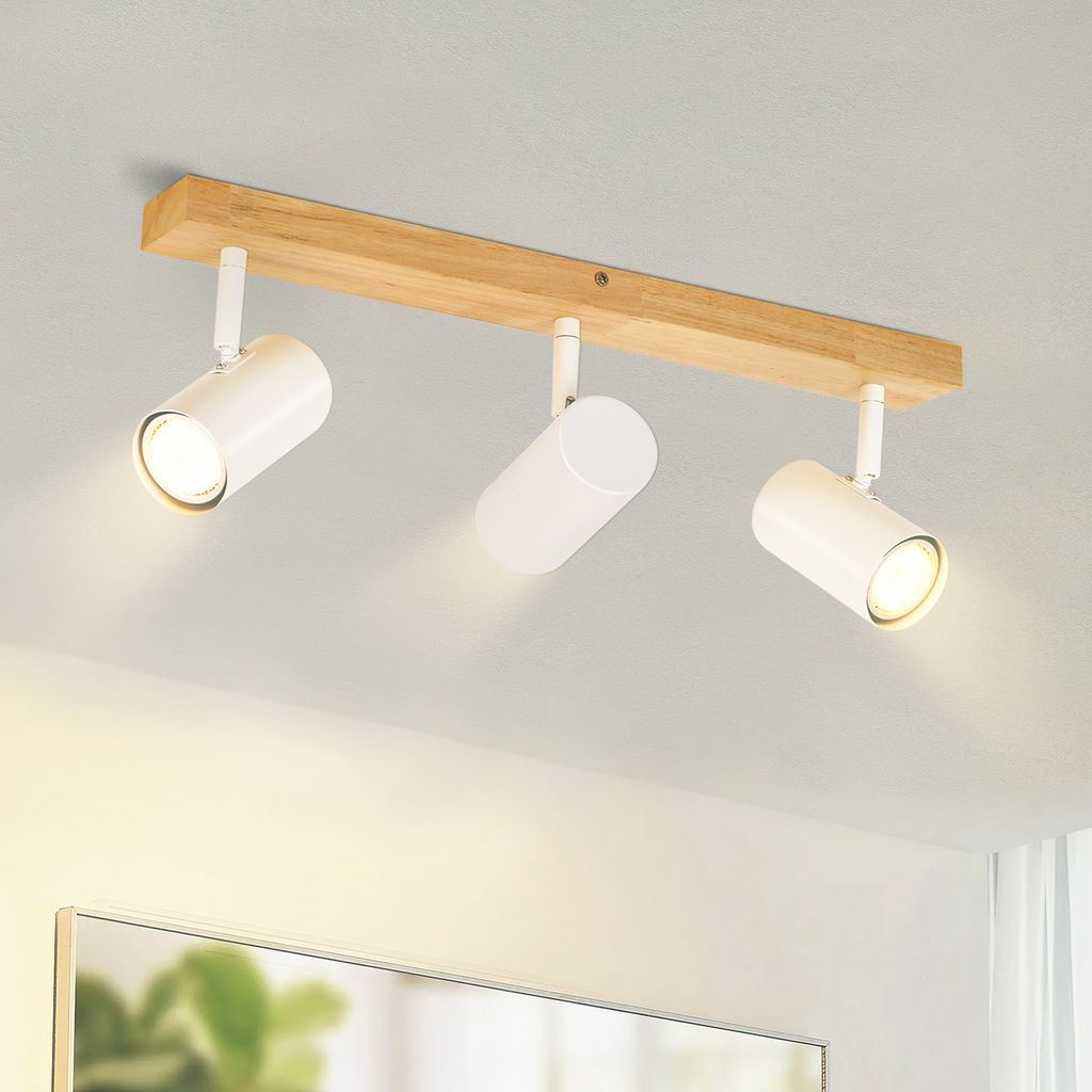 ZMH Deckenleuchte Weiß Deckenstrahler 3 Flammig Holz Deckenlampe GU10 Deckenspots Schwenkbar 350° Spotslight für Wohnzimmer Schlafzimmer Küchen Korridor Esszimmer