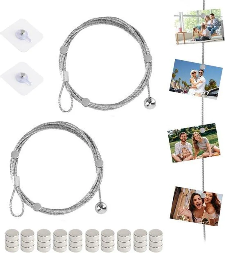 Pêle-mêle photo magnétique avec câble acier de 2,5m et 30 petits aimants