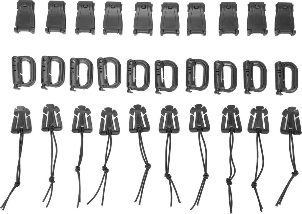 30-teiliges Rucksack-Taschen-Clip-Gurt-Set mit D-Ring, Grimlock-Verriegelung, Netz, Dominator, elastische Schnüre, Management-Tool-Schnalle, Schwarz
