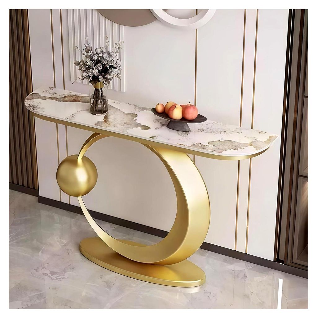 Schmaler Konsolentisch für den Eingangsbereich, Dekotisch mit marmorierter Oberfläche, geeignet für Flur, Vorzimmer, Wohnzimmer (Gold+Braun, 100cm)