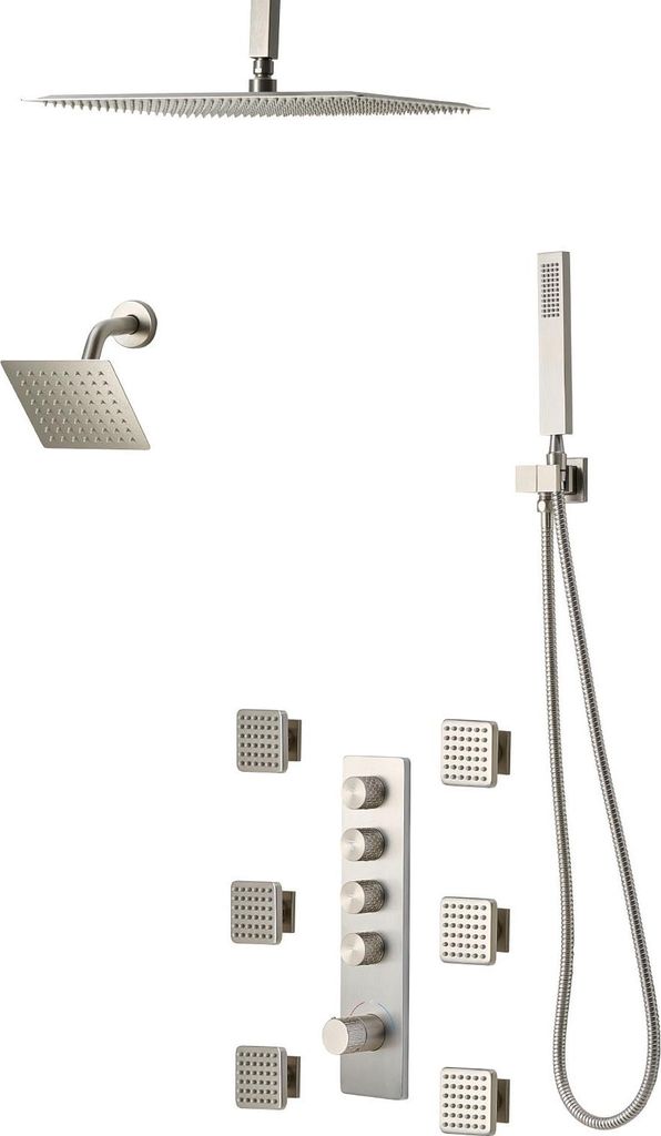 SucceBuy Duschsystem-Set mit 16-Zoll Regenduschkopf, 6-Zoll Wandmontagekopf, Handbrause und 6 Körperdüsen, Doppelregenkopf, Messingventil und Ver...