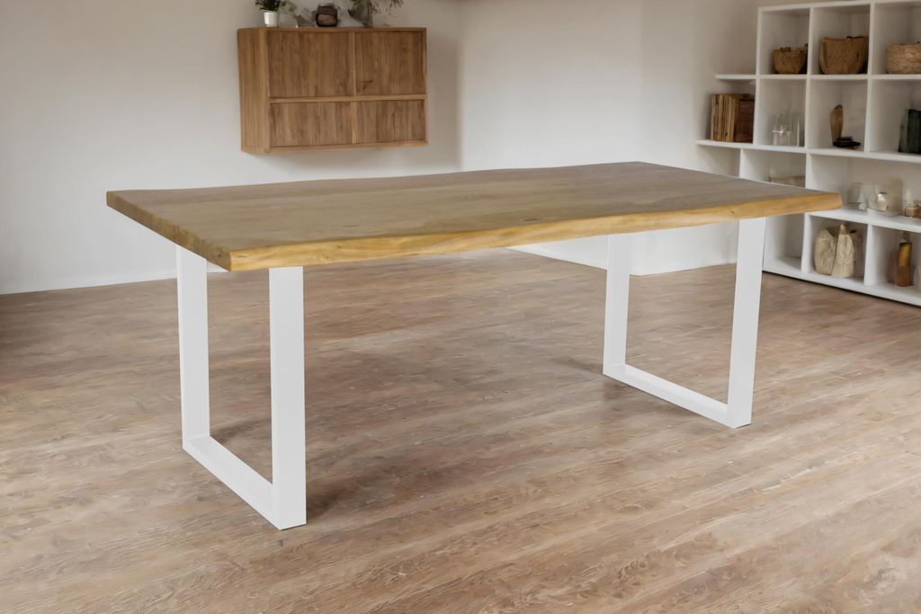 Esstisch Cali | 220 x 100 cm | Akazienholz massiv | Farbe: Eiche | U-Gestell Metall Weiß | Massivholz mit Baumkante | pflegeleichter Baumkantentis...