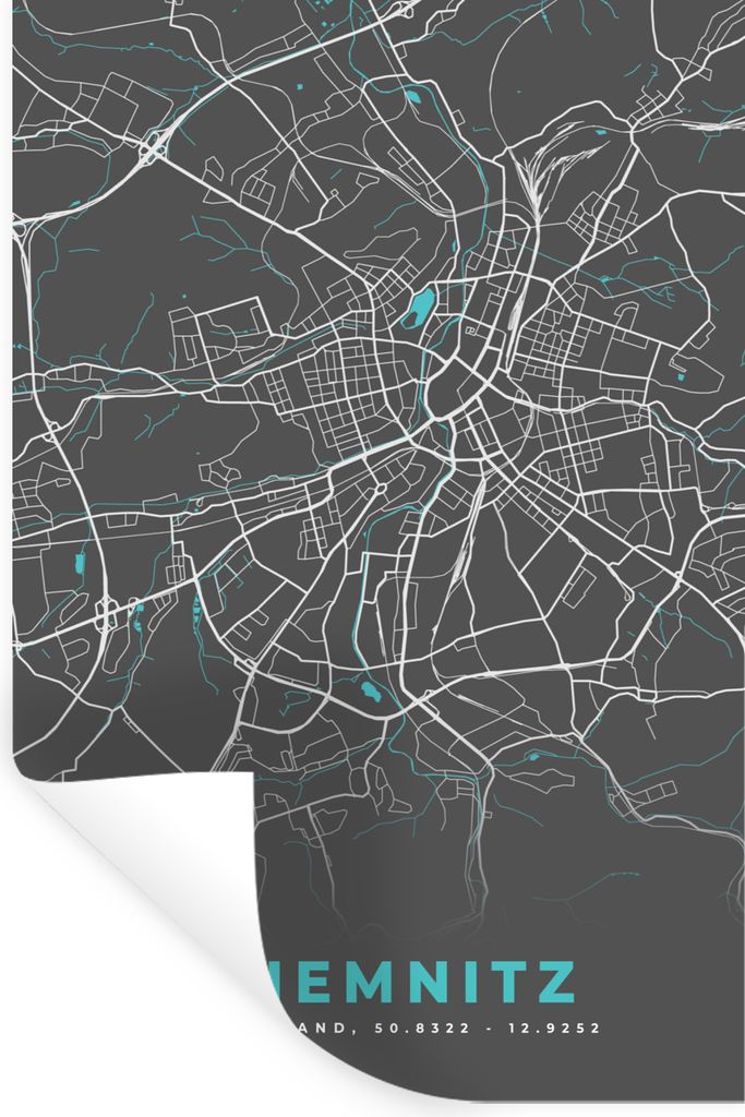 MuchoWow Wandtattoo Wandsticker Wandaufkleber Stadtplan - Chemnitz - Genk - Blau - Deutschland - Karte 60x90 cm Selbstklebend und Repositionierba...