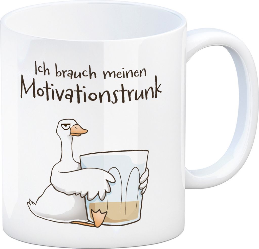 Gilbert die Gans Kaffeebecher mit Spruch Ich brauch meinen Motivationstrunk