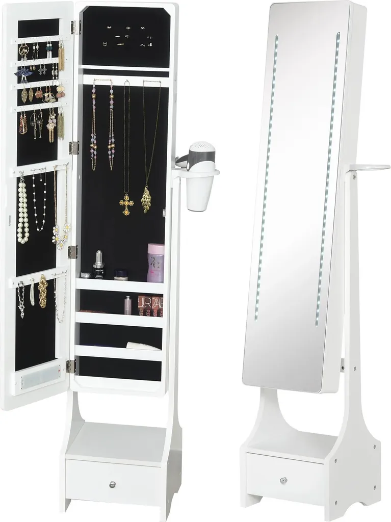 Armoire à bijoux avec miroir lumineux sur pied et 3 angles réglables