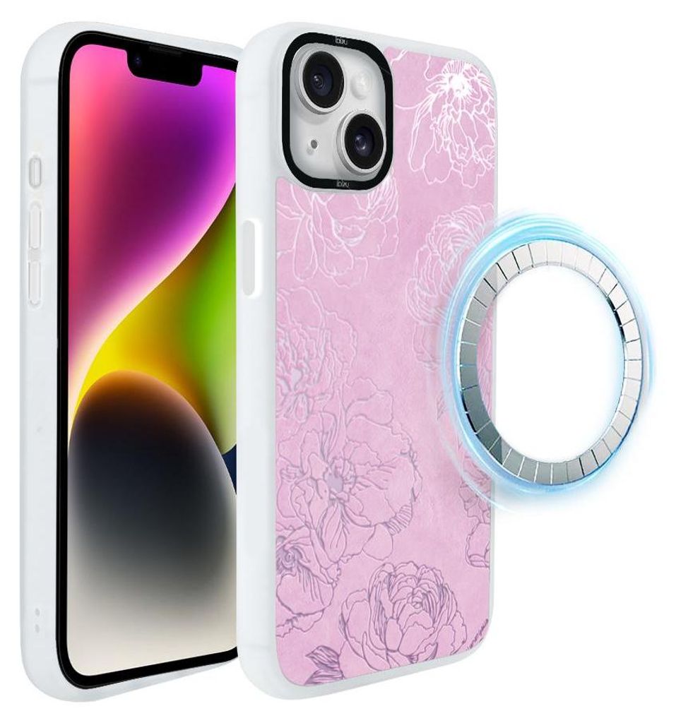 Schutzhülle für das iPhone 14, MagSafe-kompatibel, mattweiße Seiten, Rosa Pfingstrosen