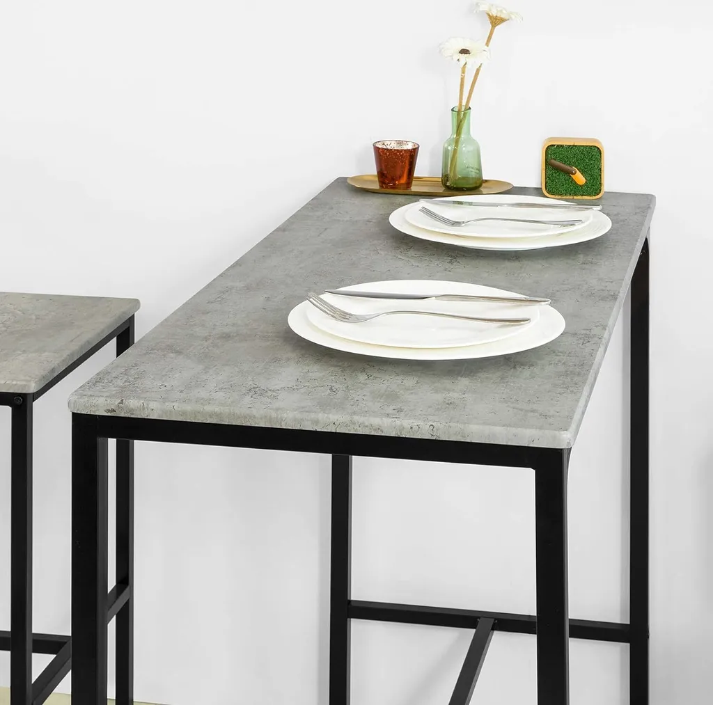Table de bar 5 pièces plateau gris effet ciment et pieds en métal noir