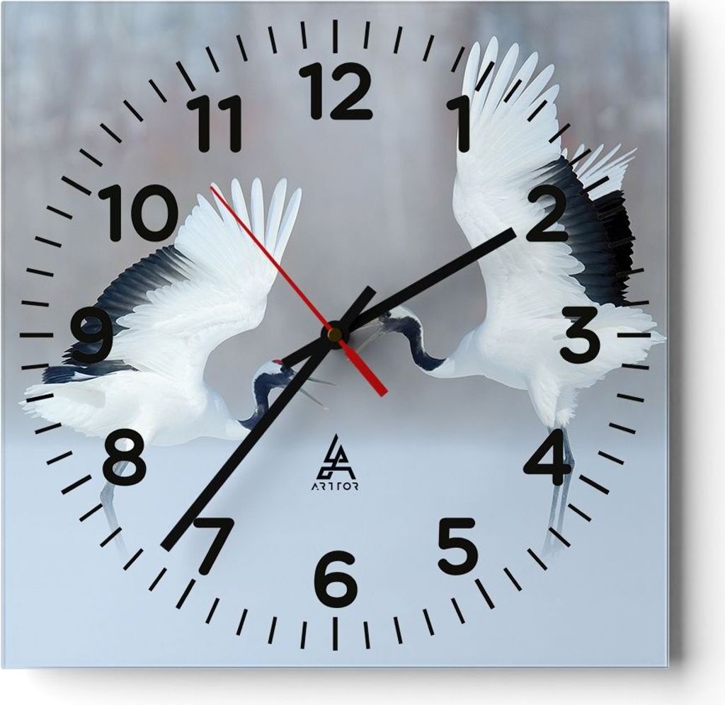 Wanduhr - Quadrat - Glasuhr - Kraniche kämpfen tanzen - 30x30cm - Schleichendes Uhrwerk - Lautlos - zum Aufhängen bereit - Dekoration Modern - Wa...