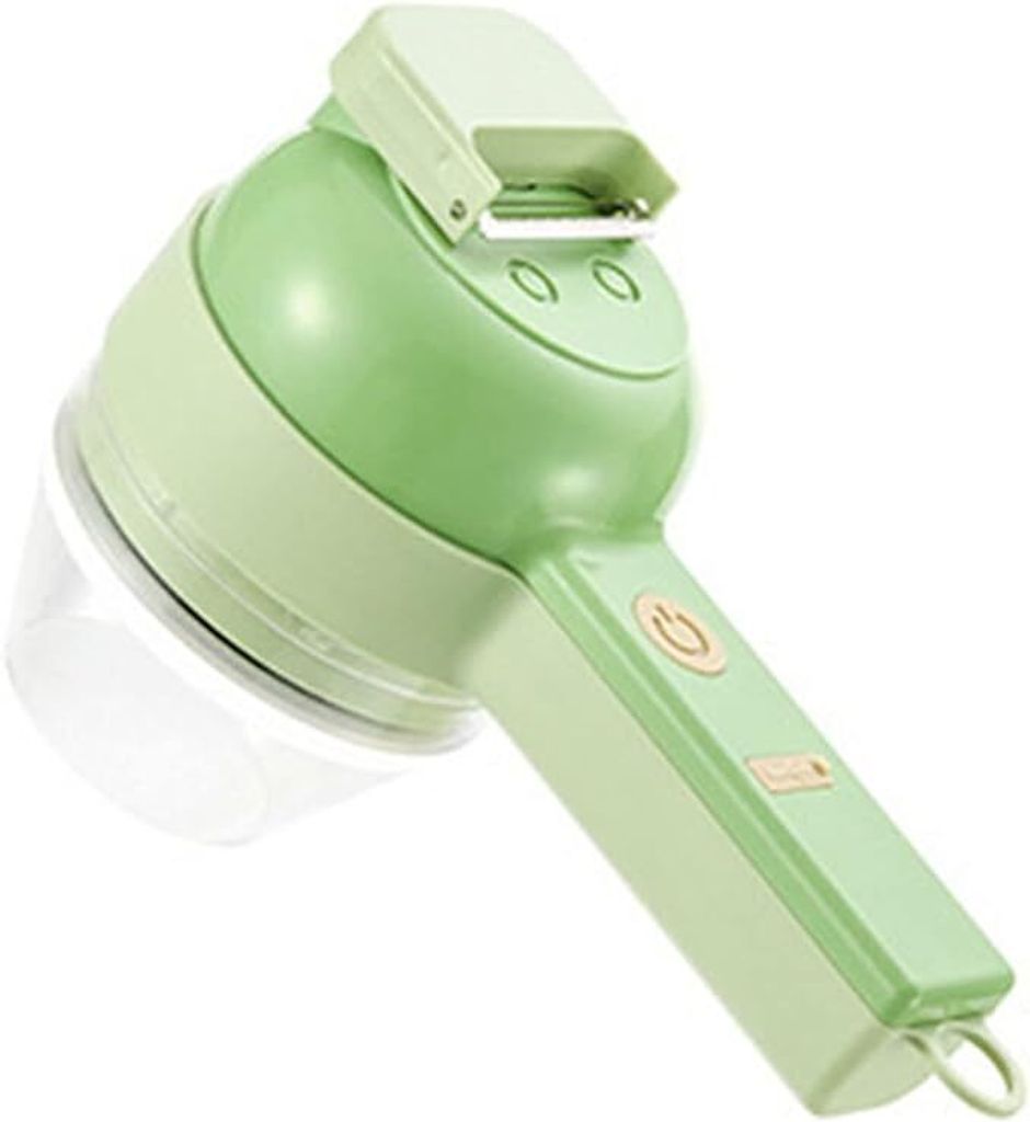 A green and light green electric vegetable cutter with a clear container.
