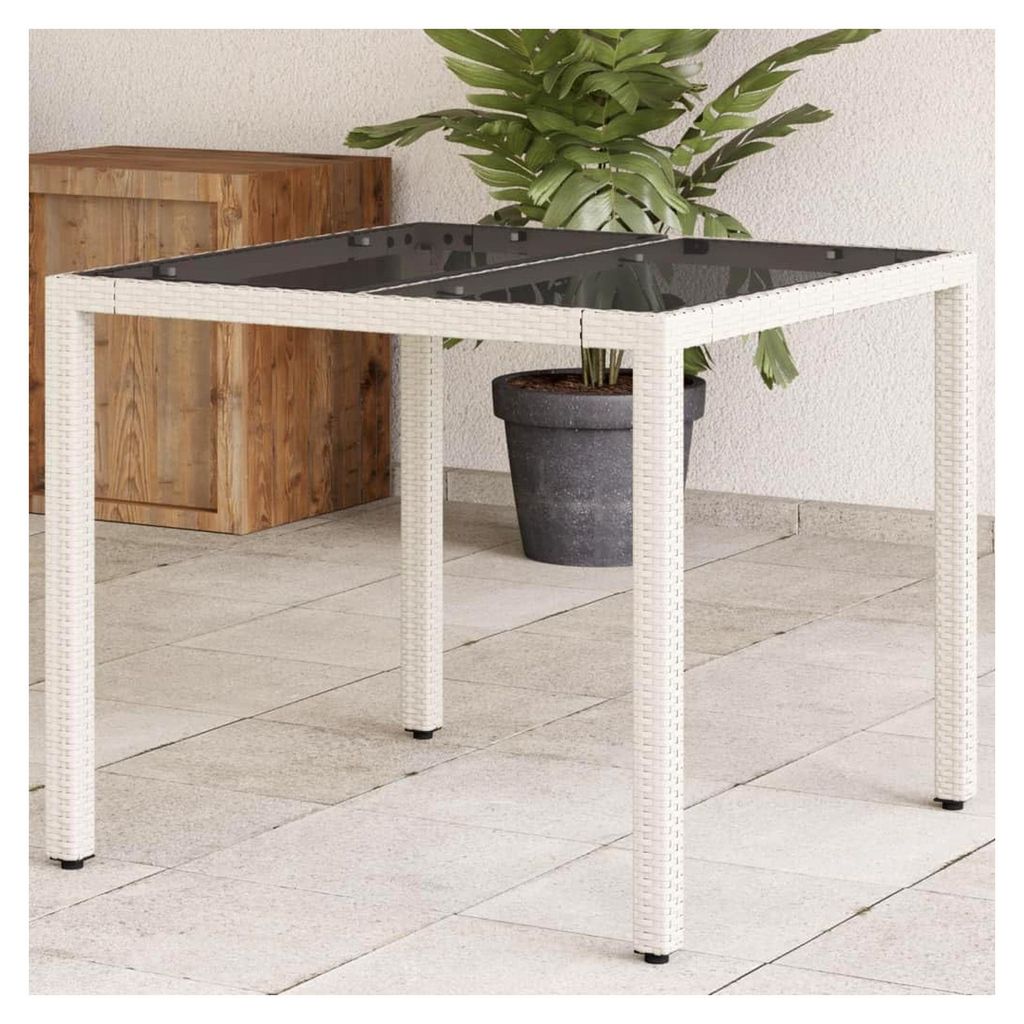 Gartentisch mit Glasplatte Weiß 90x90x75 cm aus Poly Rattan