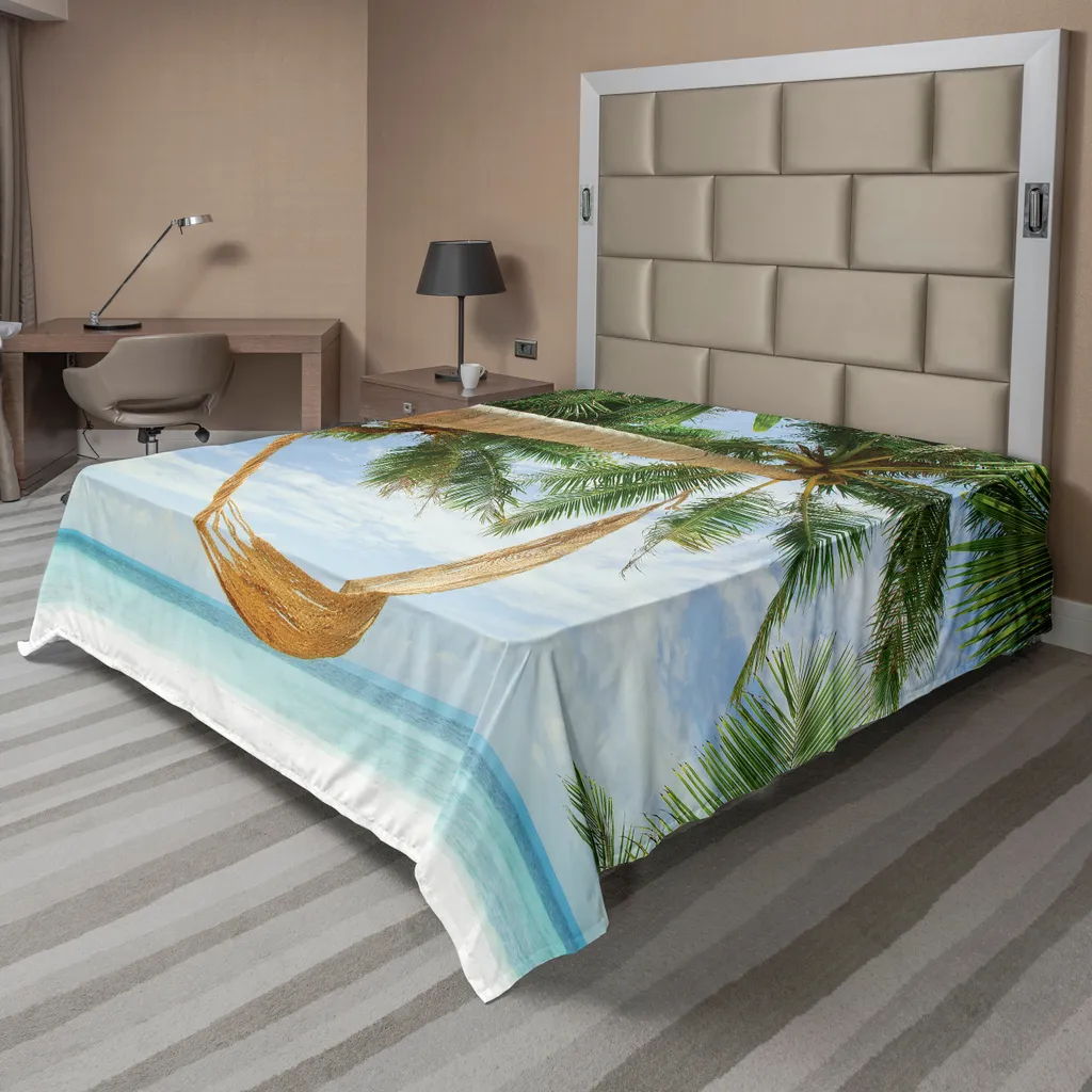 Drap de Lit Décoratif Doux Imprimé Palmier 275x260 cm Vert et Crème