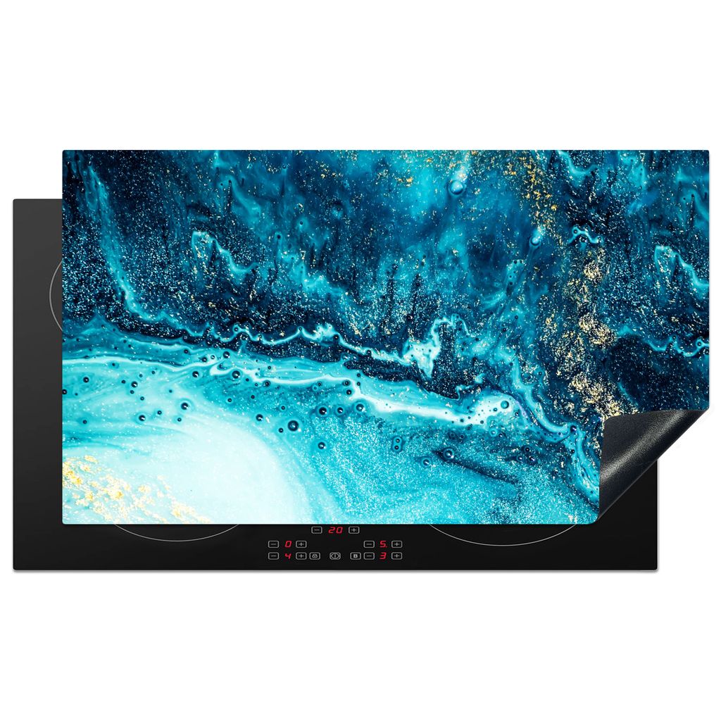 KitchenYeah Herdabdeckplatte Marmoroptik - Blau - Gold - Luxe - Glitzer - Marmor , 91x52cm, Küche Deko, Glaskeramikkochfeld Herdabdeckung, Abdec...