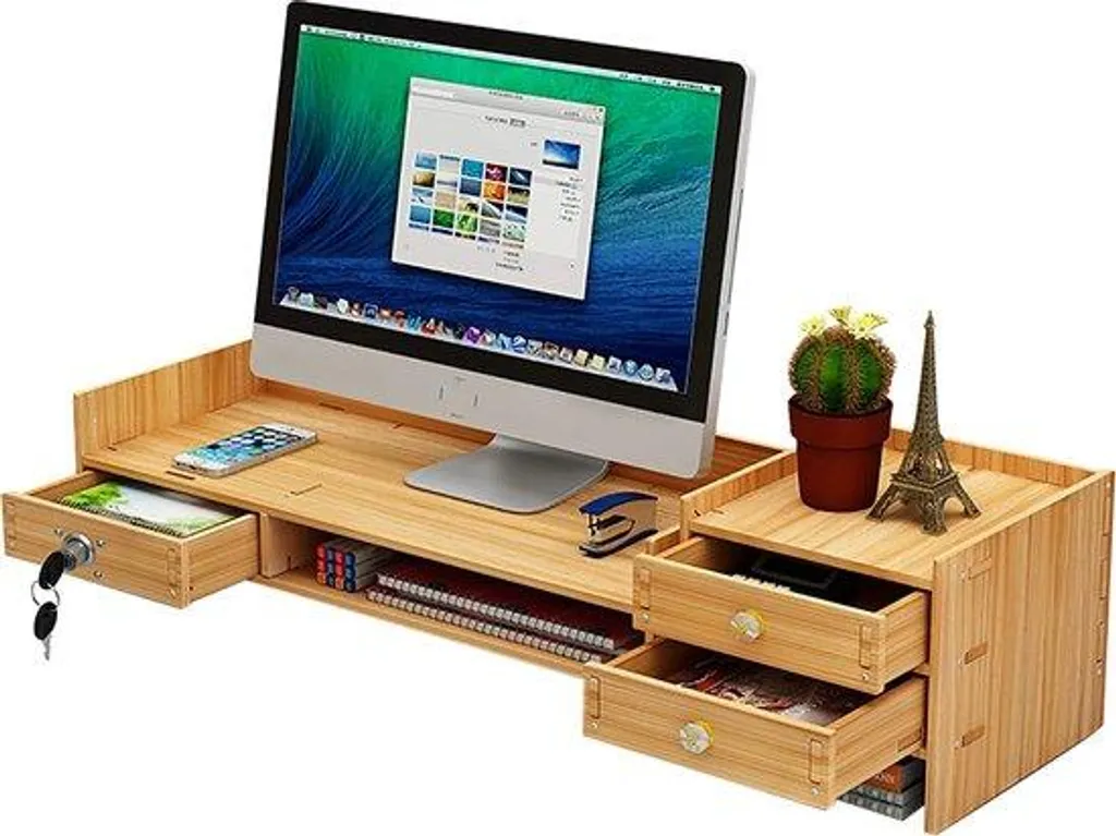Support écran bois anti-mal de dos - Organiseur bureau ergonomique 66cm
