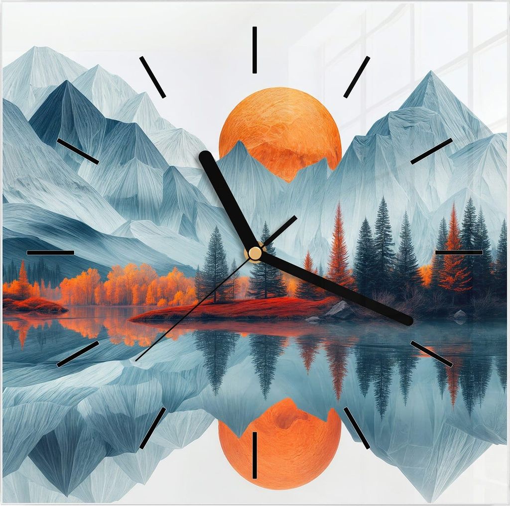 Wanduhr aus Glas mit Motiv Berge Mit Spiegelung- 30 x 30 cm - inkl. Aufhängesystem
