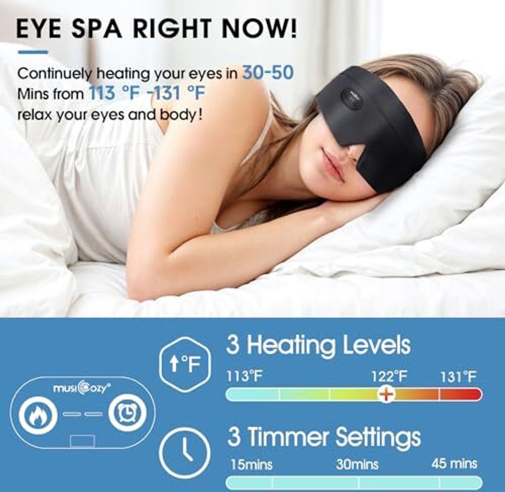 Maschera per gli occhi riscaldata, senza fili, impacco caldo per blefarite e occhi secchi, maschera per occhi asciutti che blocca la luce, per uomini e donne, 1000 mAh, ricaricabile (nero