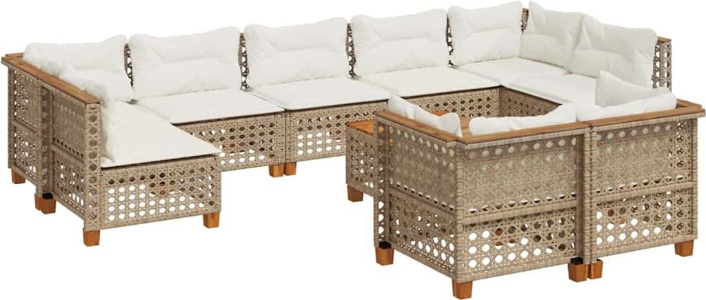 10-tlg. Garten-Sofagarnitur mit Kissen Beige Poly Rattan