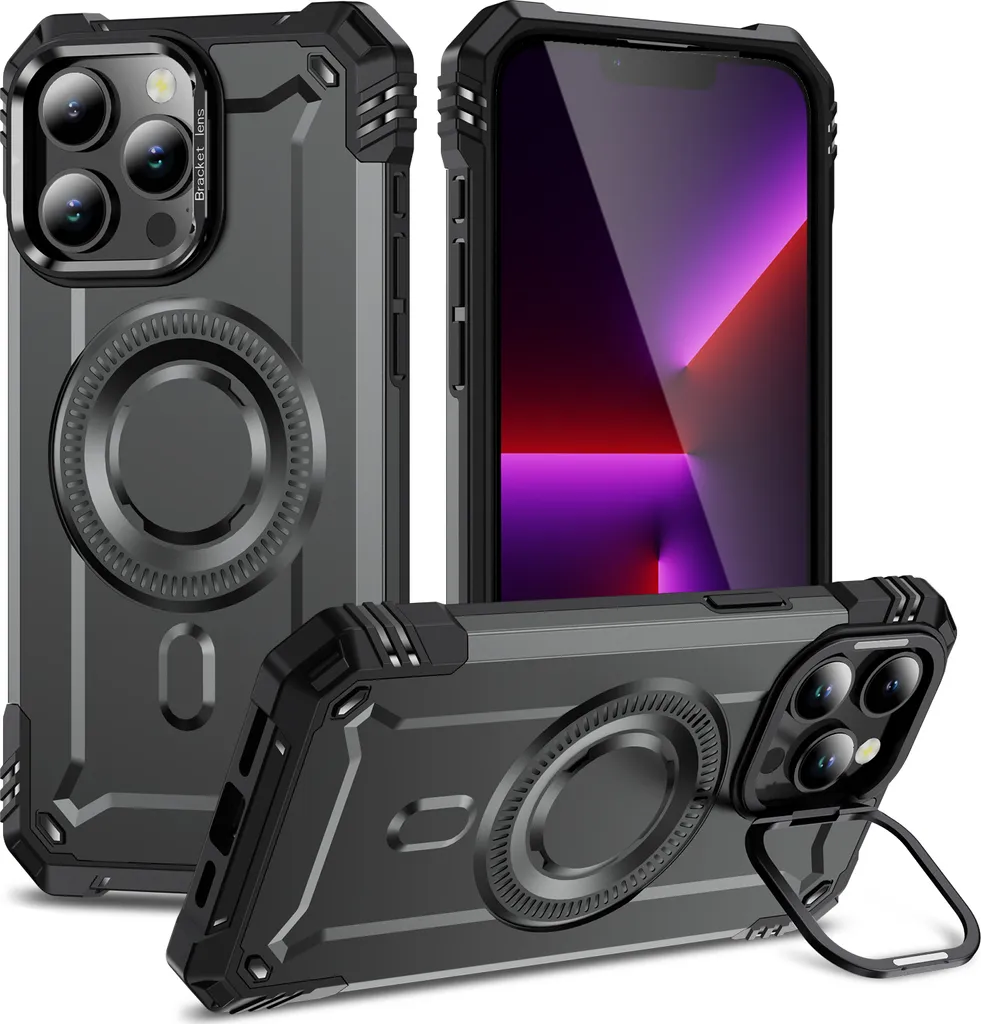 Custodia magnetica per iPhone 13 Pro Max, robusta custodia protettiva militare con supporto ad anello per fotocamera Grigio