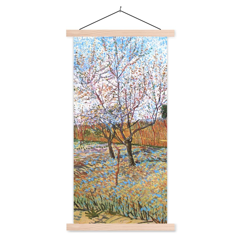 MuchoWow Textilposter Blühender Pfirsichbaum - Vincent van Gogh 60x120 cm mit holzfarbenen Rahmen - Holz