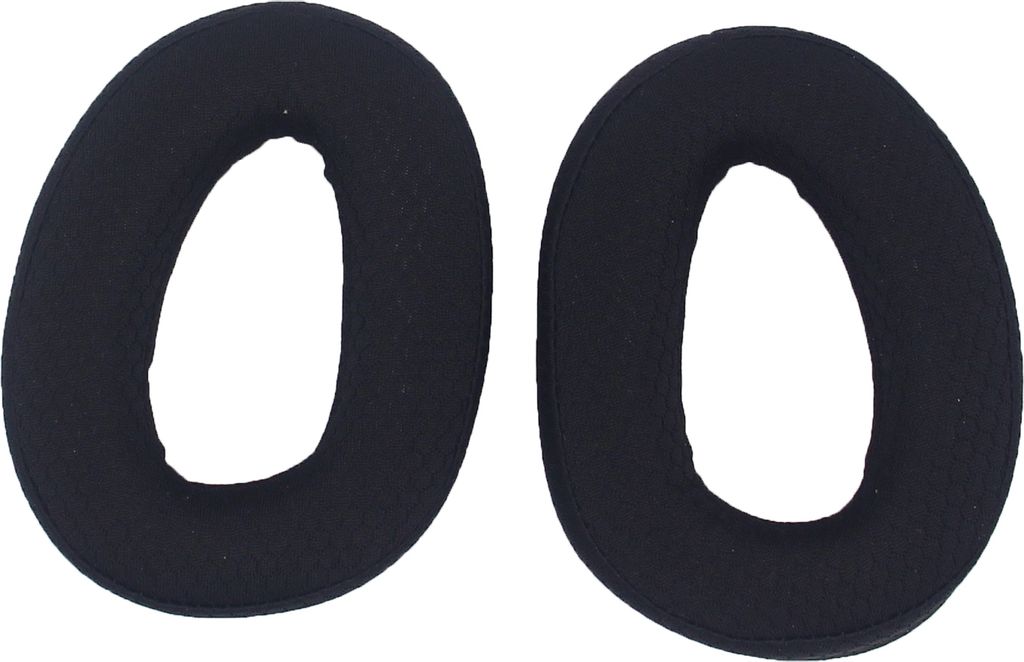 Two black ear pads for headphones.