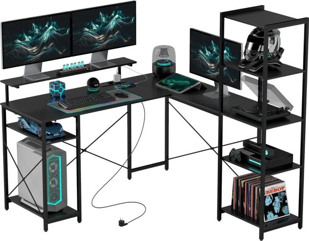 Schreibtisch, L-förmiger Computertisch 137 x 140 x 139,5 cm Eckschreibtisch mit 6 Ablagen, Bürotisch mit Monitorständer, USB, Steckdose, für Ho...