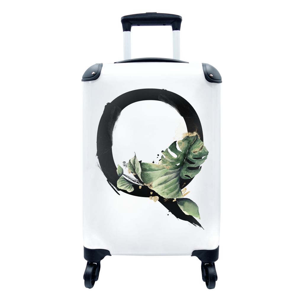 MuchoWow Koffer Handgepäck Trolley Rollkoffer Kleine Reisekoffer mit 4 Rollen - Schwarz - Blätter - Buchstabe Q - Cabin Size < 55x40x23 cm & 55...