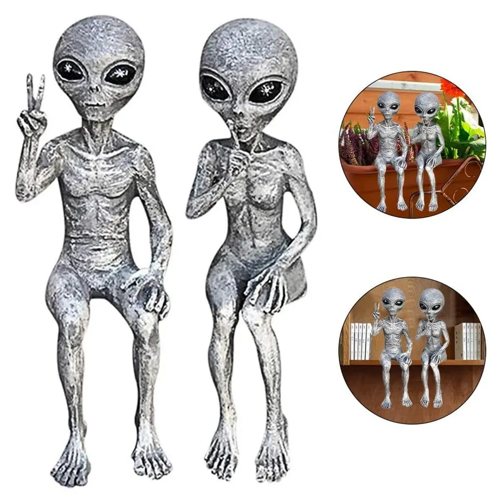 Duo d'Extraterrestres Gris de Paix en Résine, Sculptures pour Pelouse