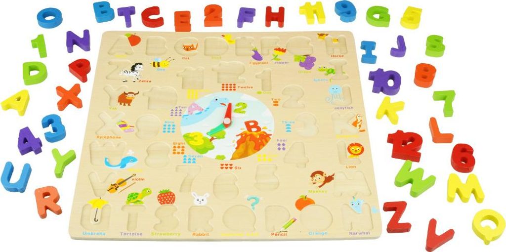 Holzpuzzle Alphabet Buchstaben Zahlen und Uhr