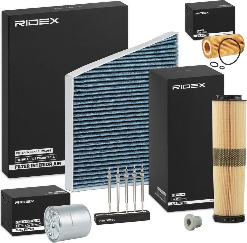 RIDEX Inspektionspaket Filterset passend für MERCEDES-BENZ E-Klasse Limousine (W211) E-Klasse T-modell (S211) E-Klasse Pritsche / Fahrgestell (VF211)