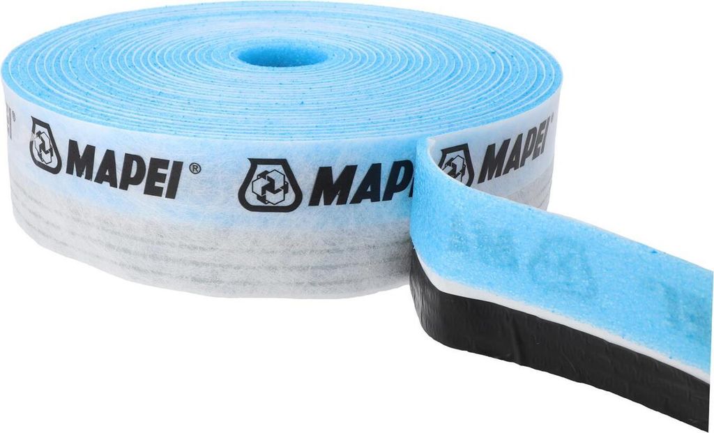 A roll of blue waterproofing tape with black backing.